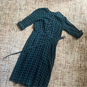 Vintage Windowpane Plaid Midi Wiggle Dress 3/4 Cuffed Sleeves
